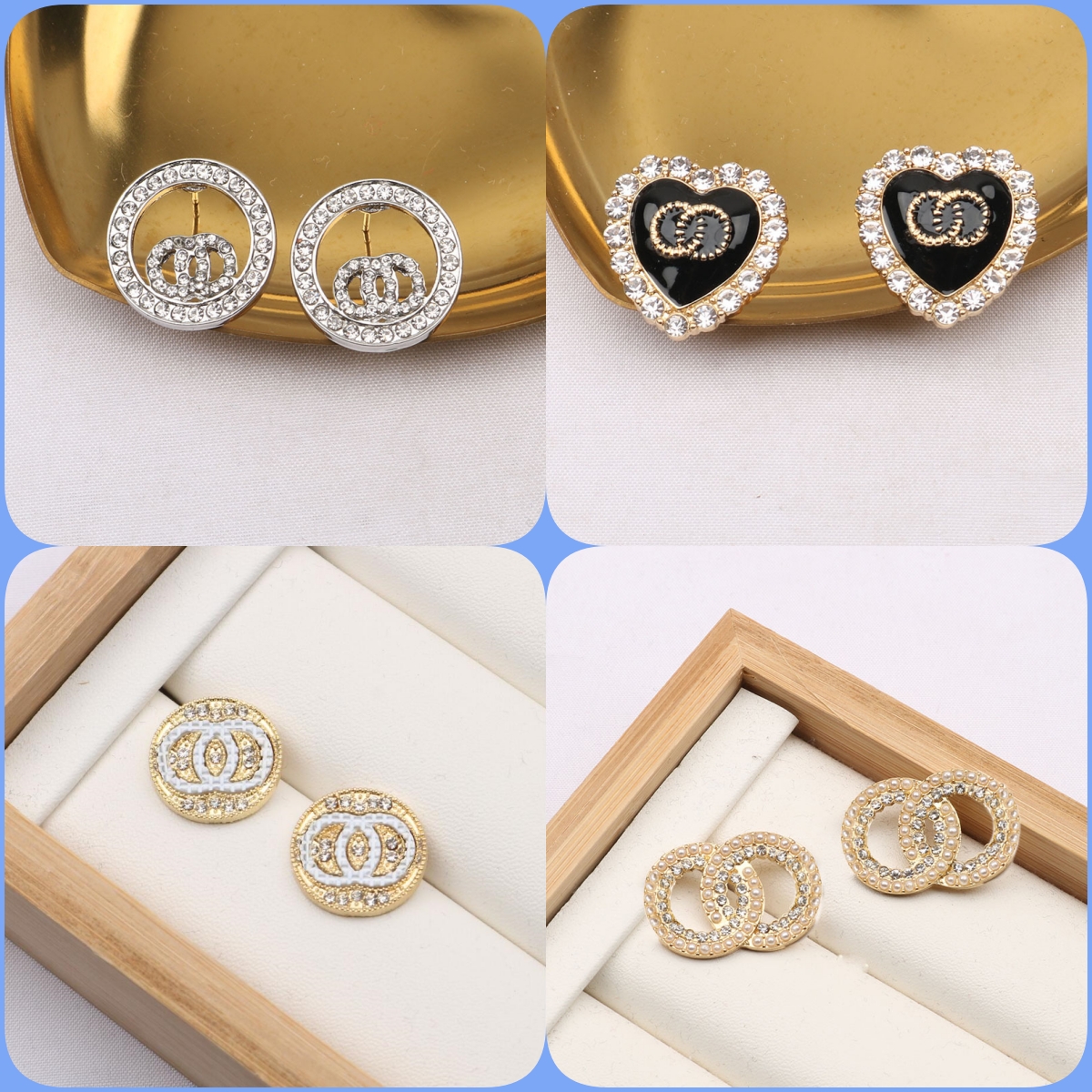 5Style Small 18K Gold Plated 925 Silver Luxury Designers Letters Stud Earring Geometric Famous Women Round Crystal Rhinestone Pearl Earring Wedding Party Jewerlry