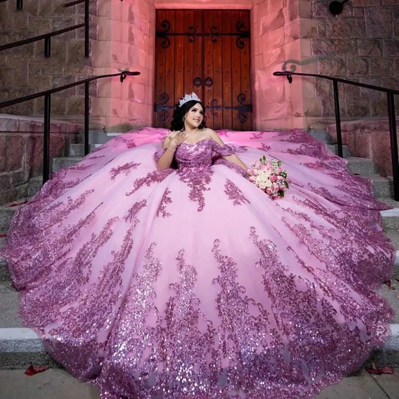 Pink Shiny Off The Shoulder Ball Gown Quinceanera Dresses Sequined Appliques Lace Pleat Bow Tull Corset Sweet 15 Vestidos 15 Anos