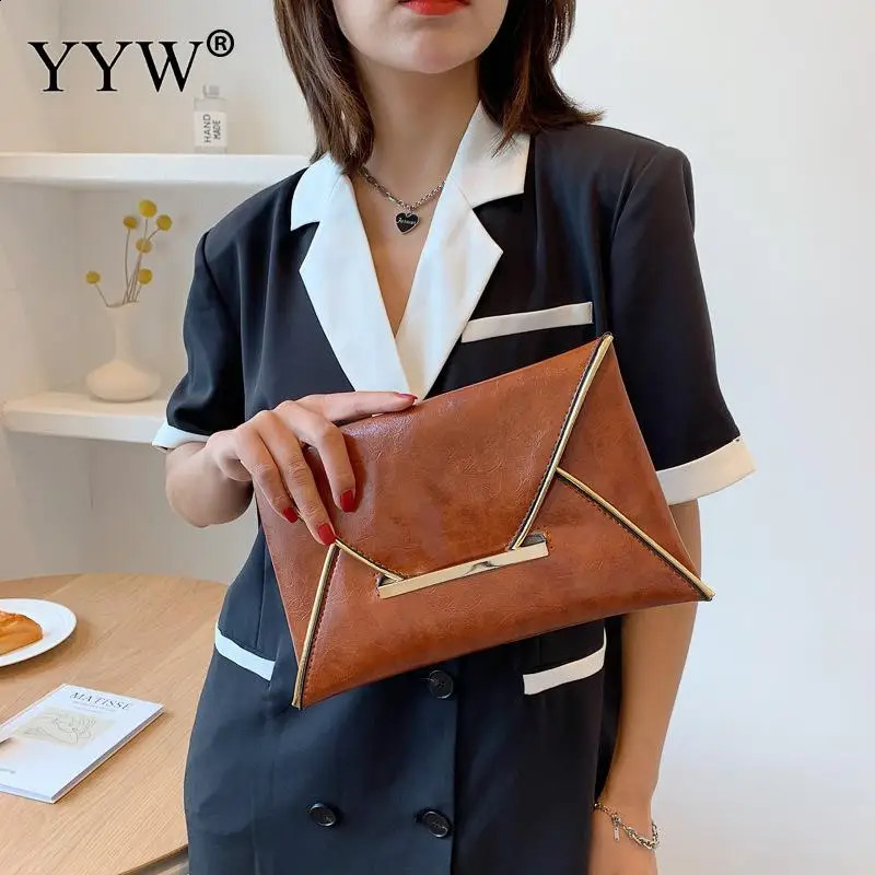 Black Brown PU Leather Envelope Clutch Handbag Women Wristlet Daily Clutch Bags Solid Color er Messenger Purse Phone Bag 240926