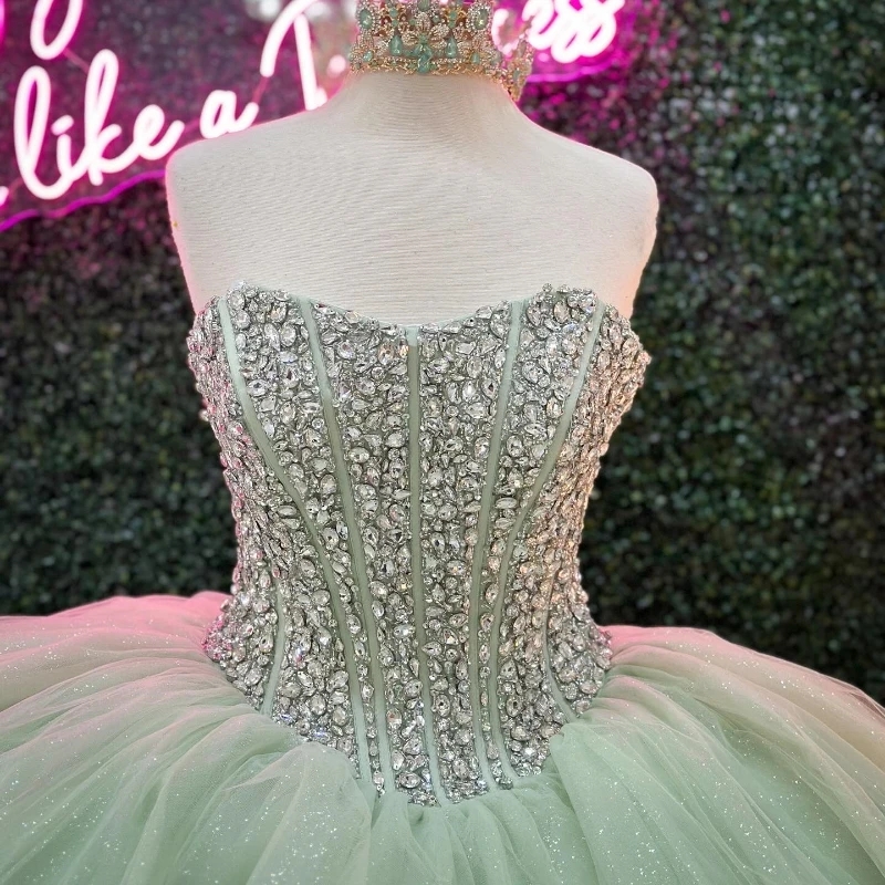 Sage Green Shiny Quinceanera Dress Off The Shoulder Beads Crystal Tull Mexican Vestidos De 15 Anos Princess Sweet 16 Birthday XV Ball Gown