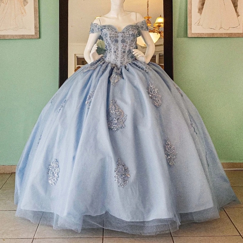 Grayish Blue Shiny Off The Shoulder Quinceanera Dresses Ball Gown Appliques Lace Beading Crystal Tull Sweet 15 Dress Vestidos De XV Anos