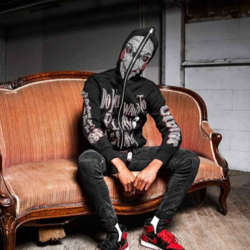 Mens Y2K Fashion Hoodie Skull Diamond Zipper Hoodie Grunge Womens Oversized Sweater Punk Harajuku Long Sleeve Coat 240927