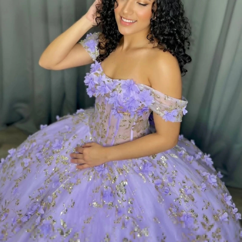 Lilac Sparkling Quinceanera Dresses Off The Shoulder Sequin Gold Appliques Lace Beading Ball Gown Birthday Formal Party Swee 16 Dress