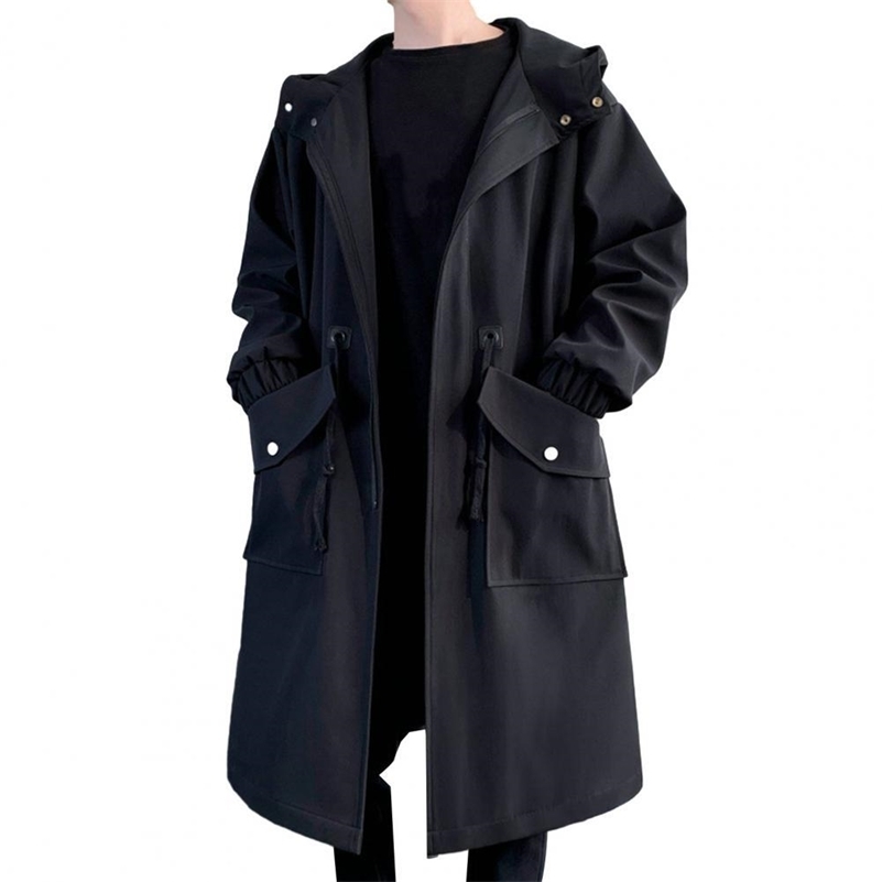 Zippered Long-sleeve Coat for Men Streetwear Mens Trench Coat with Hood Mid-length Big Pockets Windproof Anti-wrinkle Zipper 240927