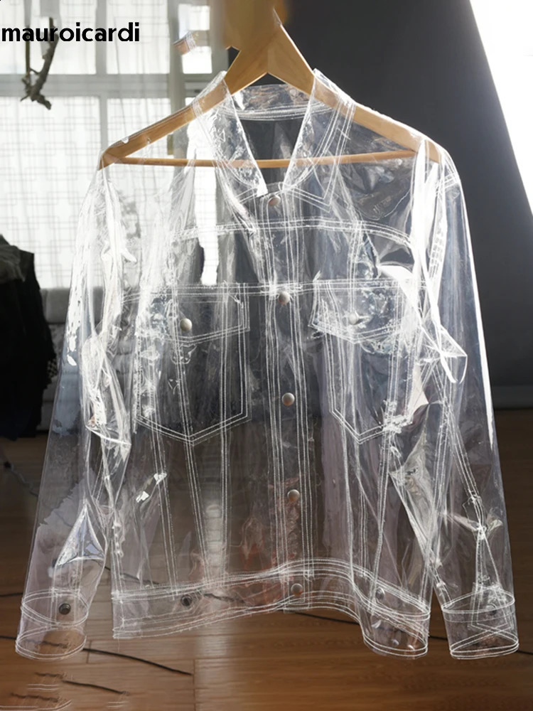 Mauroicardi Spring Autumn Transparent Thin Gloss Artificial Leather Jacket for Mens er PVC Shirt Runway Fashion 240927