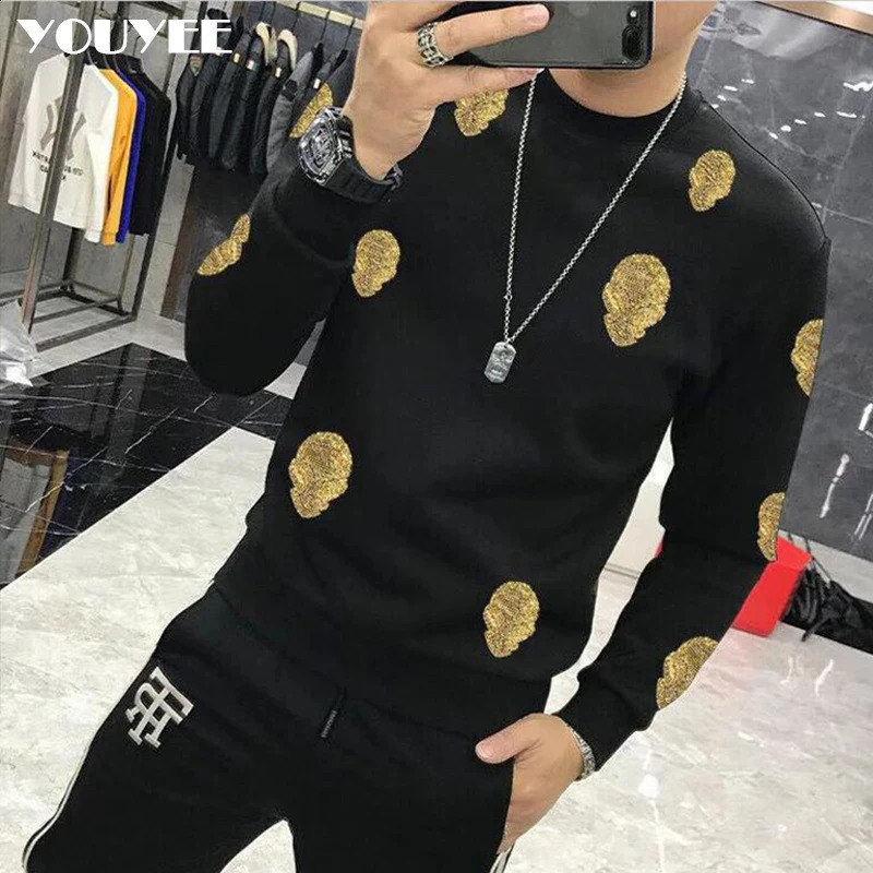 Mens hooded sweatshirt Rhinestone shaped casual sportswear fashion hooded sweatshirt wool warm streetwear high-quality mens clothing winter and autumn