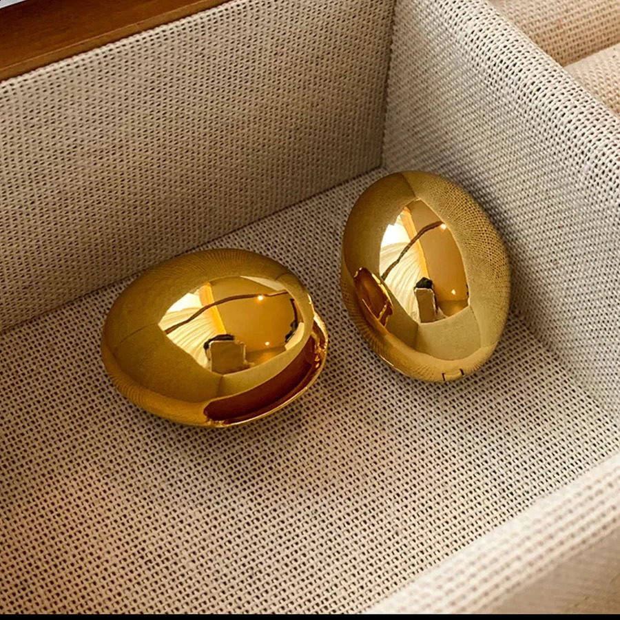 S925 Sterling Silver Smooth Gold Eggshell Oval Ball Earrings for Women Exaggerated and Unique Fine Jewelry Wedding Party Gifts 240923