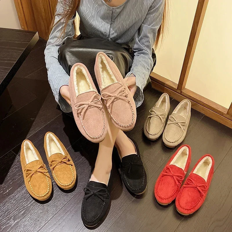 Fashion bow winter womens Moccasins Flats non slip flat shoes womens warm slippers comfortable cotton shoes Zapatos De Mujer 241008