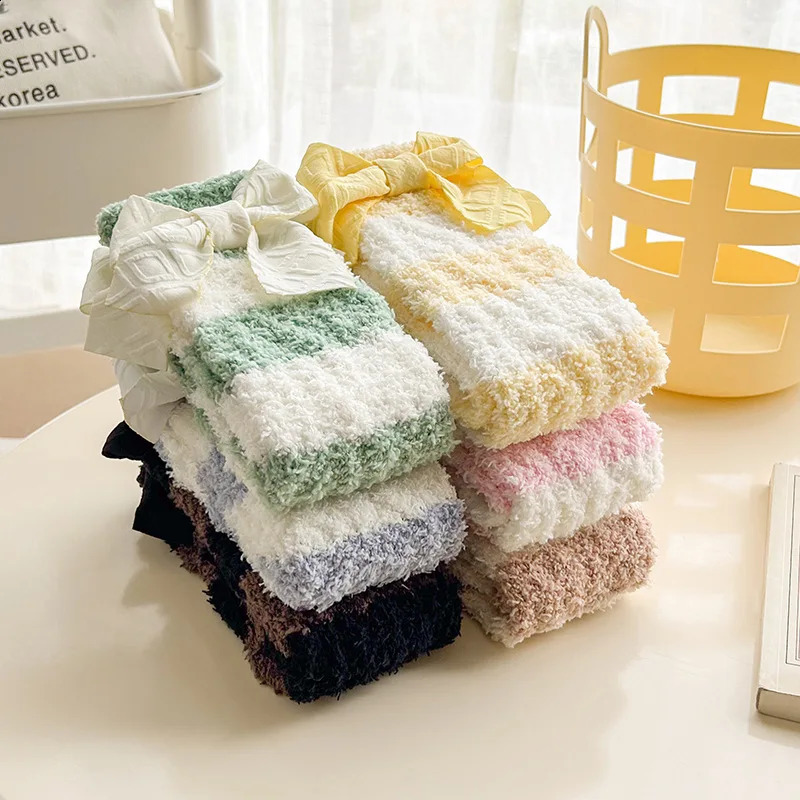 Womens Striped Cute Bow Coral Velvet Middle Tube Winter Warm Sweet Home Sleeping Soft Socks Korean Kawai Girl Style 240927