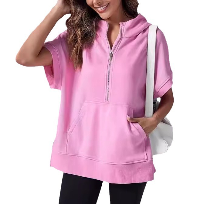 A576 Women Loose Top Solid Color Casual Short Sleeve Hooded Sweater Fiess Sweatshirt