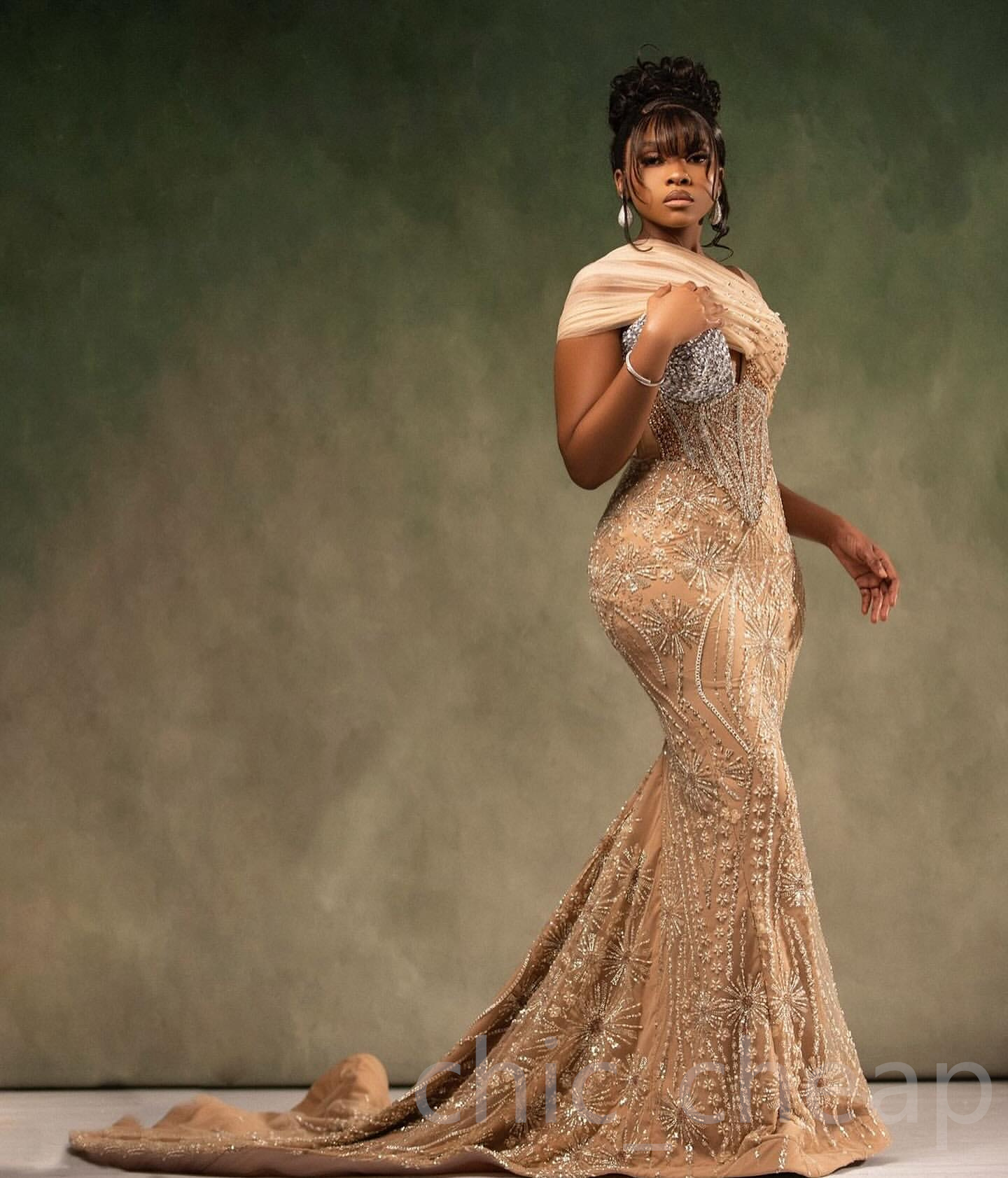 Aso Ebi 2024 Champagne Illusion Mermaid Prom Dresses Rhinestones Sequined Lace Evening Formal Party Second Reception Birthday Gowns Dress For Special 