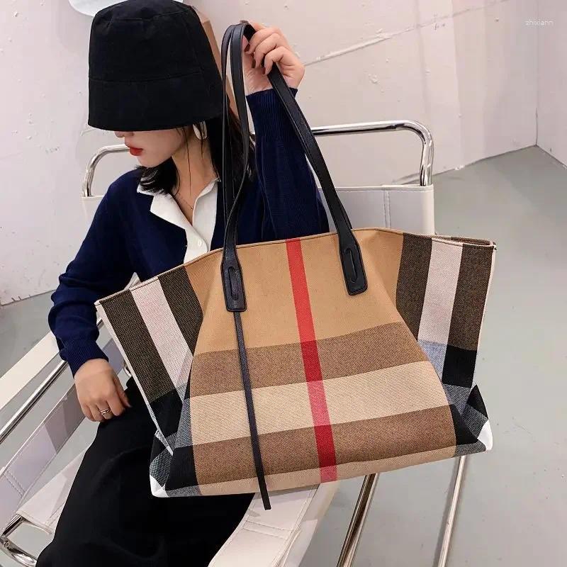 Drawstring Large Capacity Women Handbag Fashion Stripe Canvas Leather Female Top Handle Bag Retro Office Work Lady Shoulder 8f9a