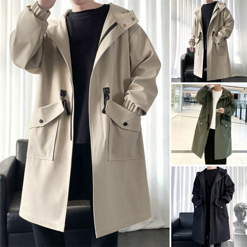 Zippered Long-sleeve Coat for Men Streetwear Mens Trench Coat with Hood Mid-length Big Pockets Windproof Anti-wrinkle Zipper 240927