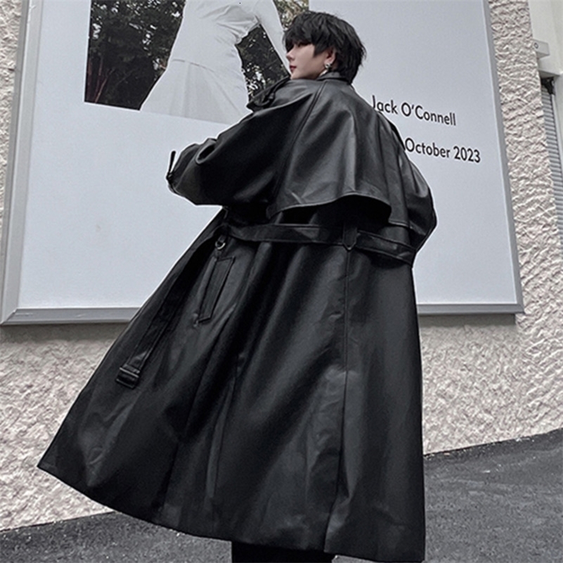 IEFB Mens Long Coat Mid Length Leather Trench Safari Style Niche Premium Streetwear Trend Male Pu Windbreakers 9C2027 240927