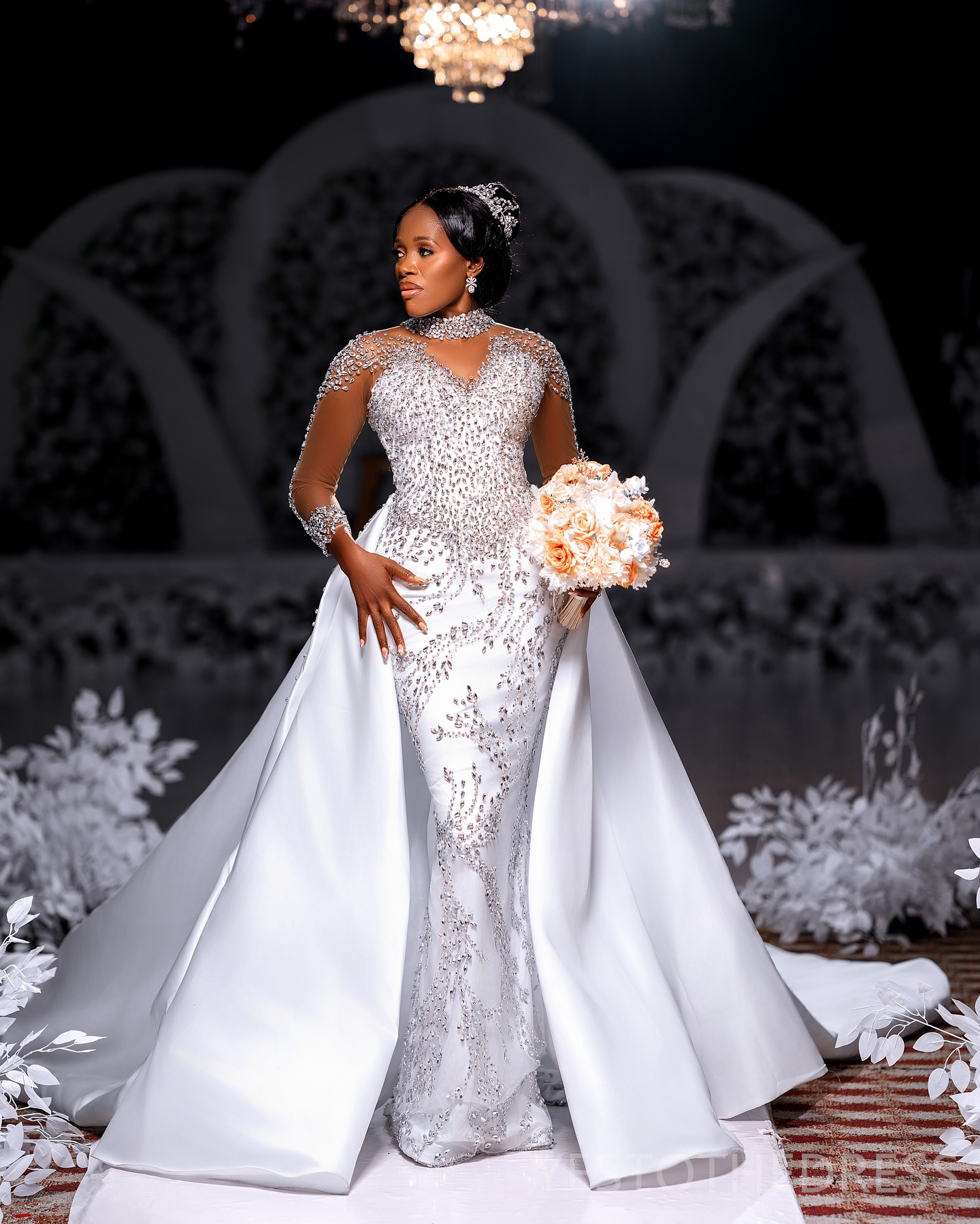 R&W 2024 Plus Size Dresses Bridal Bride With Detachable Train Mermaid High Neck Long Sleeves Beaded Lace Rhies Wedding Gowns For Black Women D319