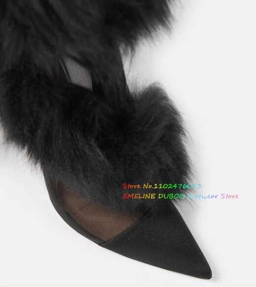 Women's Black Mesh Shearg Knee High Boots Pointed Toe Sexy Spicy Fur Wrapped Stiletto Heel Solid Color Long Boot