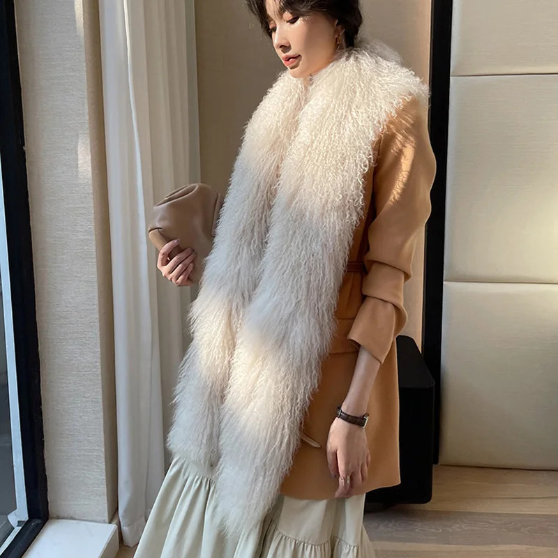 Mongolian Sheepskin Scarf Womens Winter Thick Warm True Wool Shawl Natural Fur Muffler Snood TZ8642 240918
