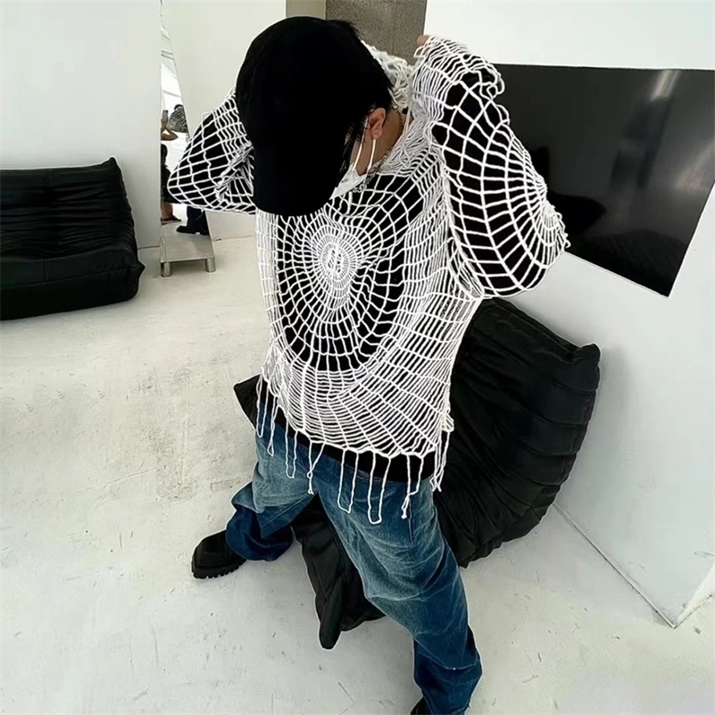 Y2k Clothes Spider Web Hollow Hole Trendy Men LGBT Streetwear Hooded Pullover Knit Top Sweater Mens Korean Fashion 240927