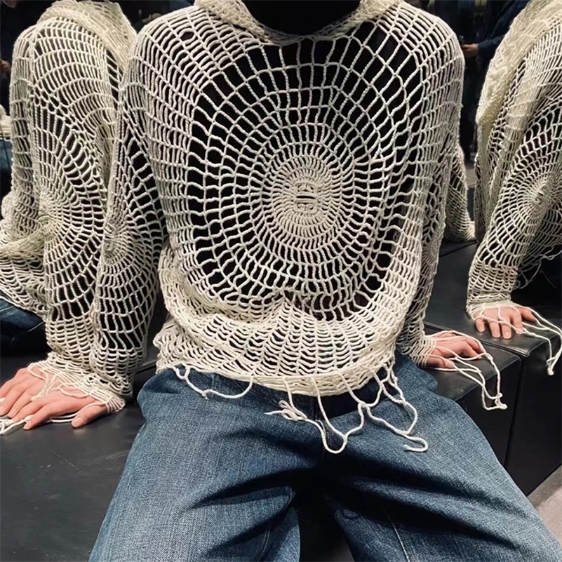 Y2k Clothes Spider Web Hollow Hole Trendy Men LGBT Streetwear Hooded Pullover Knit Top Sweater Mens Korean Fashion 240927