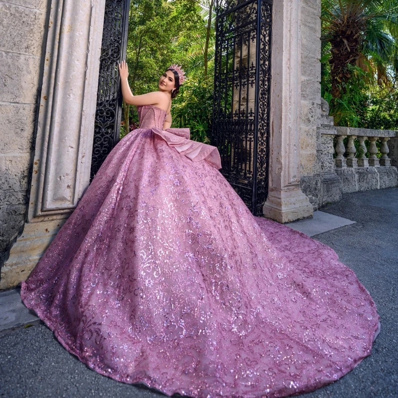 Pink Sweetheart Quinceanera Dresses Ball Gown Off The Shoulder Tulle Sequin Lace Beads Crystal Puffy Mexican Sweet 16 Dress Vestido De 15 Anos