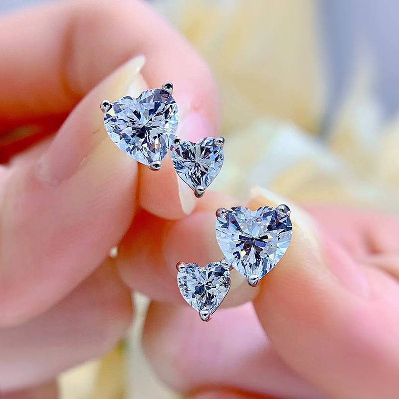 Double Heart Stud Earrings: 5A Cubic Zirconia Sterg Sier Jewelry for Women