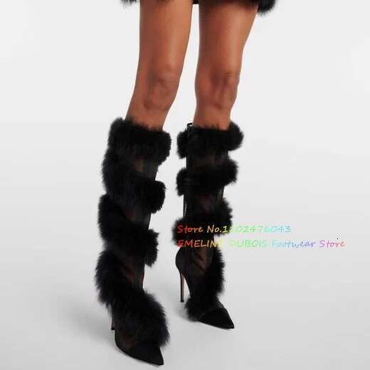 Women's Black Mesh Shearg Knee High Boots Pointed Toe Sexy Spicy Fur Wrapped Stiletto Heel Solid Color Long Boot