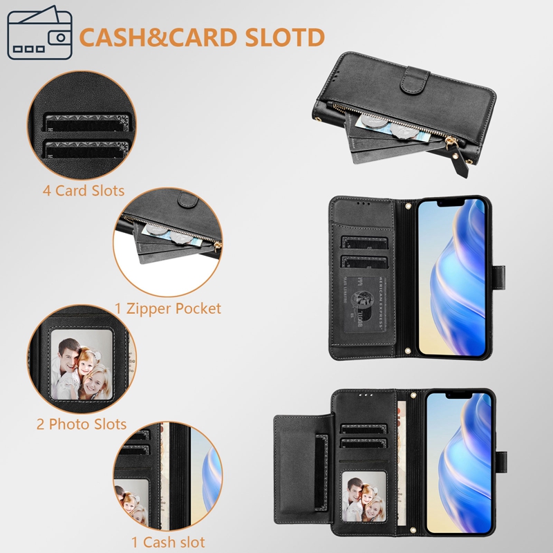 Multi-function 7 Card Slots PU Leather Wallet Cases For Iphone 17 Air 16 Plus 15 14 Pro Max 13 12 11 X XS XR Zipper Cash Coin Pocket Holder Flip Cover