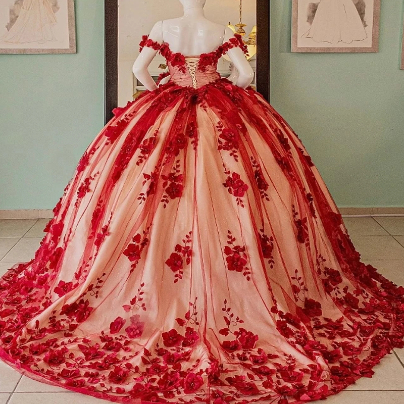 Mexican Red Quinceanera Dresses Off The Shoulder Appliques Flower Beads Crystal Tull Corset Sweet 16 Dress Vestido De 15 Anos