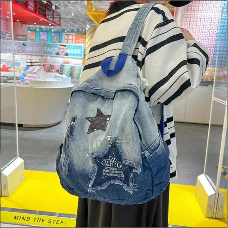 2025 NEW Y2K Korean Casual Denim Backpack Fashion Star Pattern Large Capacity Student Schoolbag Vintage Punk Travel Book Bag 240921 zhanyishengli