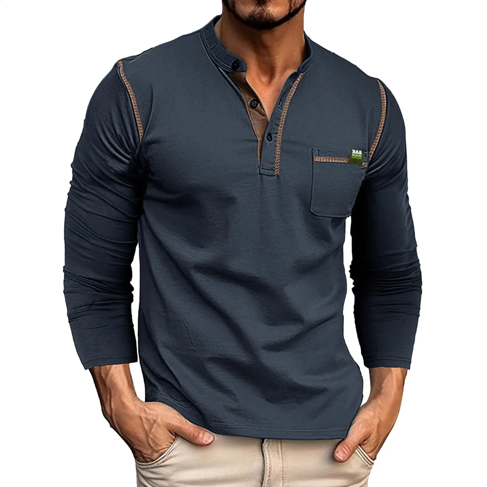 Mens Spring/Summer Long Sleeve Solid Pocket Polo Shirt with Alphabet Stripe Splicing Raglan Sleeve Top with Triple Zipper T-shirt 240929CJ