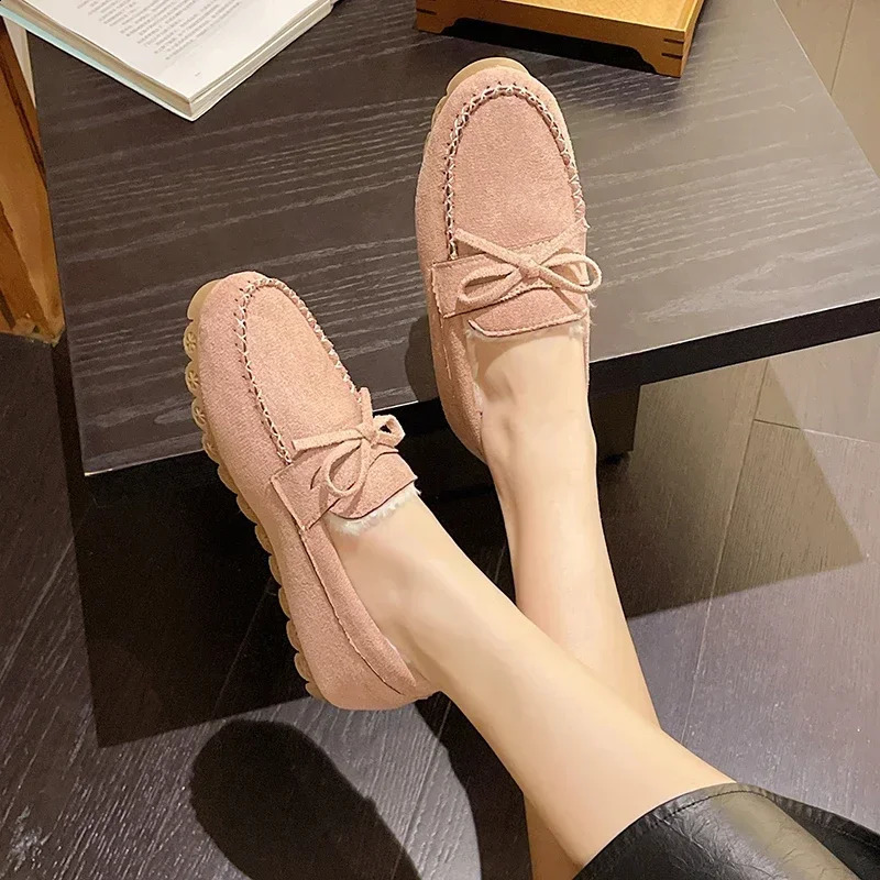 Fashion bow winter womens Moccasins Flats non slip flat shoes womens warm slippers comfortable cotton shoes Zapatos De Mujer 241008
