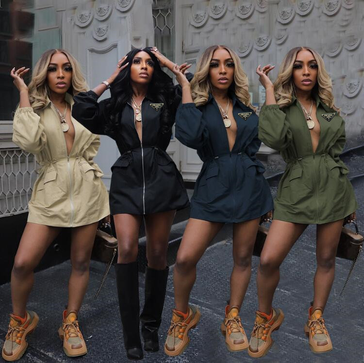 trench style cargo dresses for women designer dress woman loose zipper waist tied women's clothing