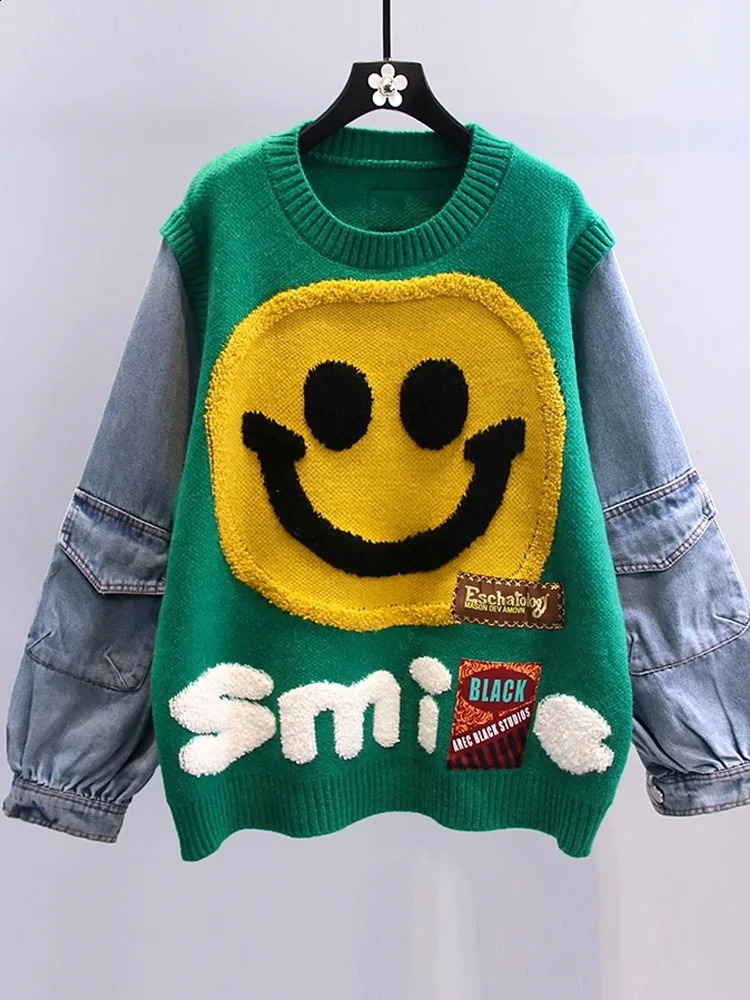 Smiling Face Loose Sweater Top Denim Sleeve Round Neck Pullover Jumpers Winter Fashion Streetwear Stylish Chic Knitwear 240921