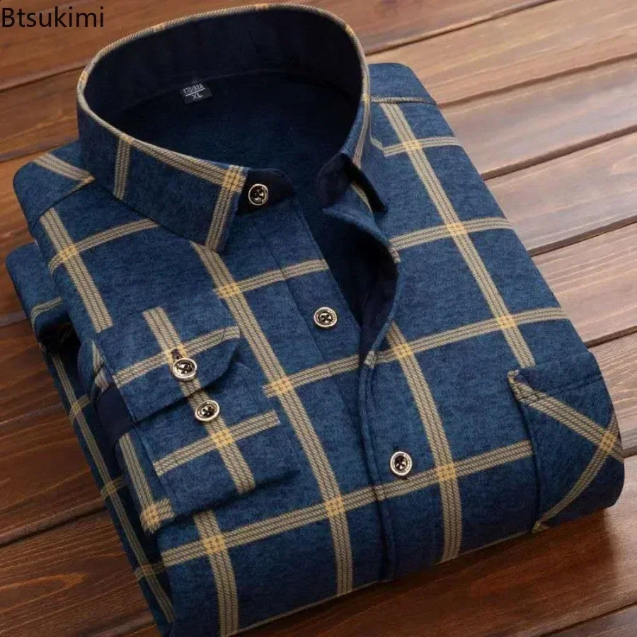 2024 Mens Winter Warm Long Sleeve Plaid Shirts Flannel Fur Lined Thick Formal Fleece Casual Shirt for Men Dress 240927