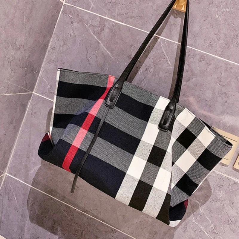 Drawstring Large Capacity Women Handbag Fashion Stripe Canvas Leather Female Top Handle Bag Retro Office Work Lady Shoulder 8f9a