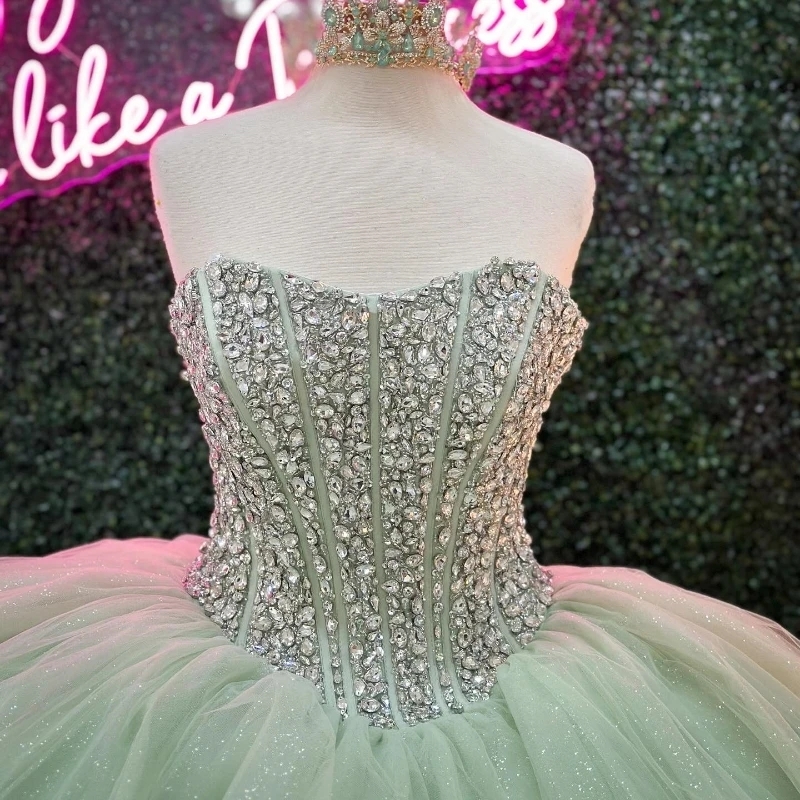 Sage Green Shiny Quinceanera Dress Off The Shoulder Beads Crystal Tull Mexican Vestidos De 15 Anos Princess Sweet 16 Birthday XV Ball Gown