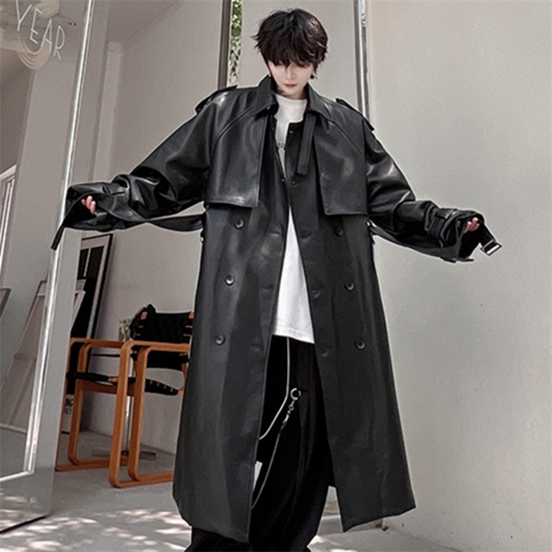 IEFB Mens Long Coat Mid Length Leather Trench Safari Style Niche Premium Streetwear Trend Male Pu Windbreakers 9C2027 240927