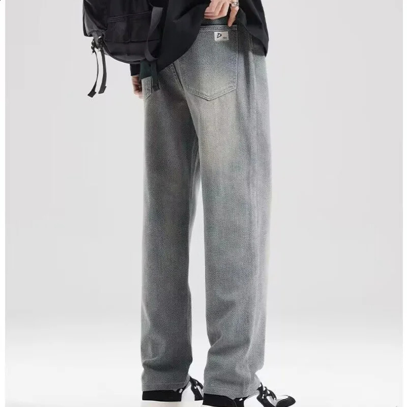 American retro street loose straight blue jeans mens button pocket casual breathable loose wide leg jeans 240926