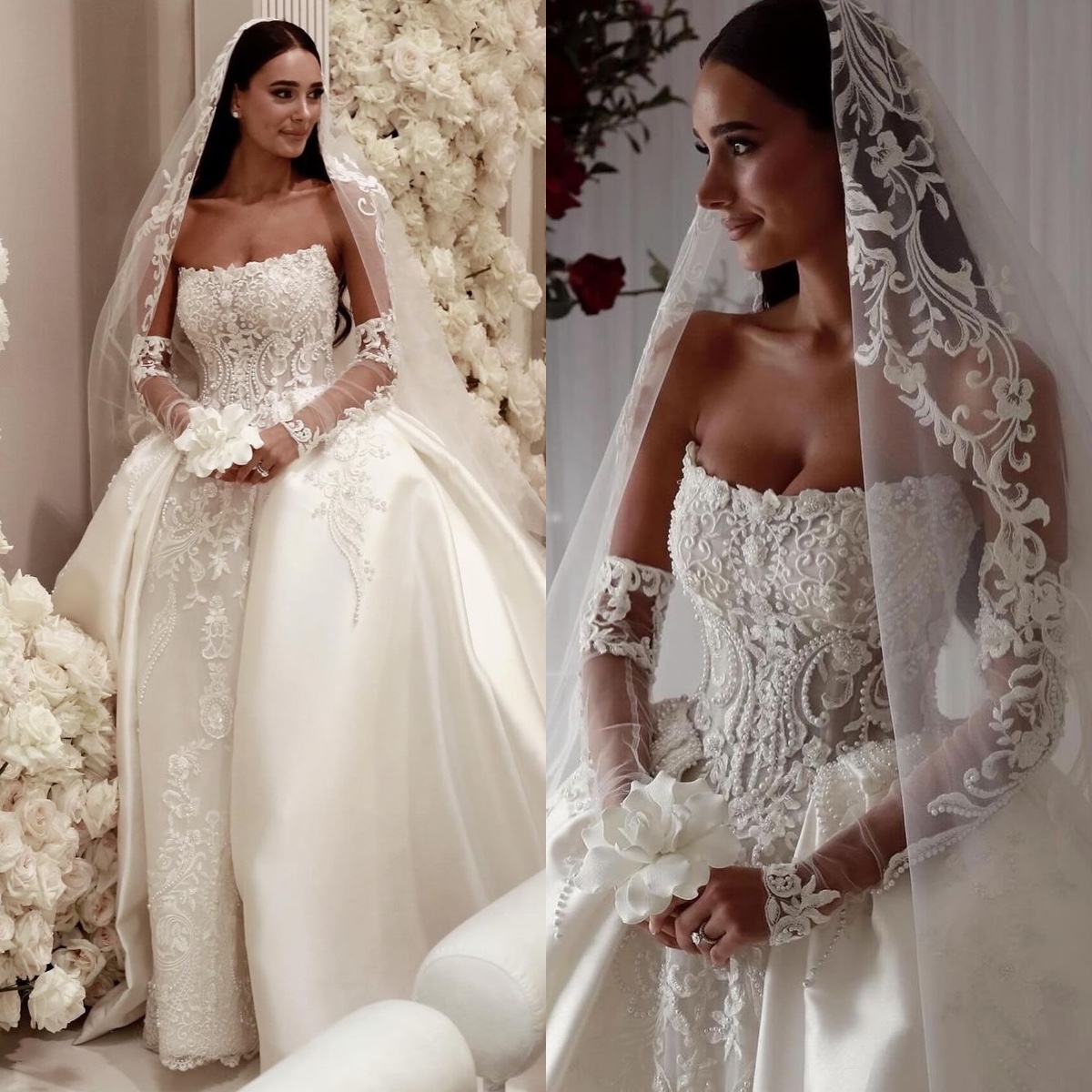 Saudi Arabic Lace Ball Gown Dress For Bride Strapless Pearls Satin Wedding Dresses Ruffle Dubai R Bridal Gowns Plus Size 6660311