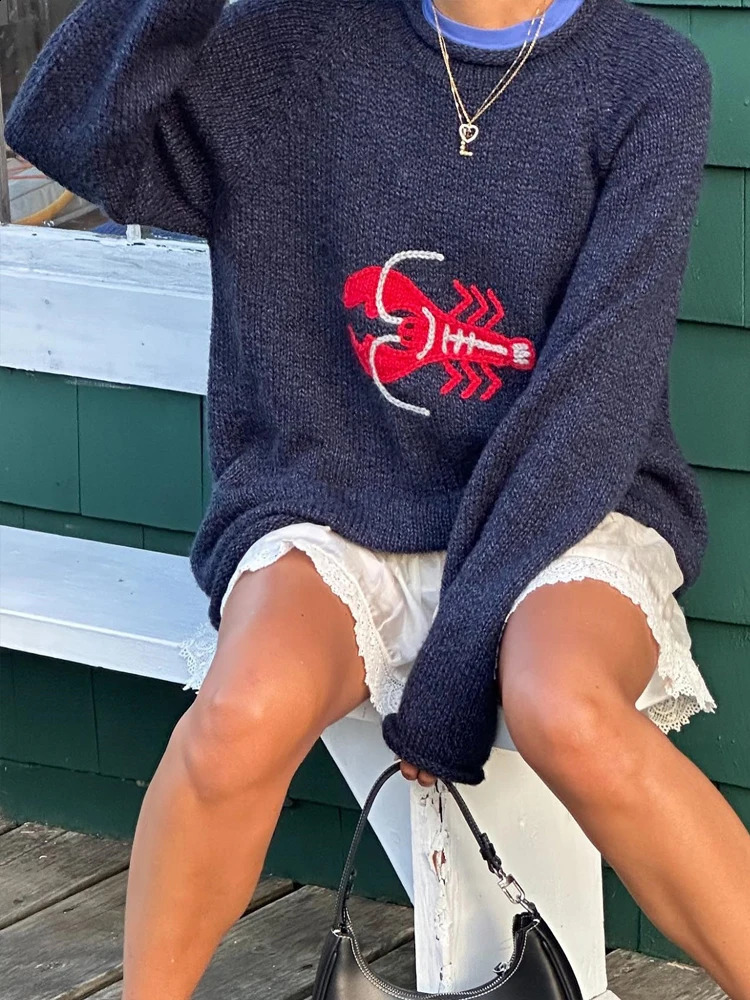 Men and womens Gothic cartoon lobster knitted sweater Harajuku pullover oversized cotton sweater hip-hop street outfit autumn 240918