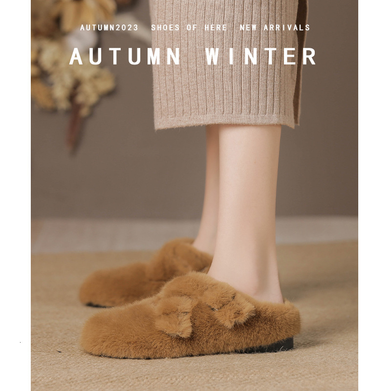 Hairy Flat Bottom With Fleece And Warm Toe Cover, Half Slippers For Women, Korean Version Cotton Shoes, Oversized Women's Shoes 41-43