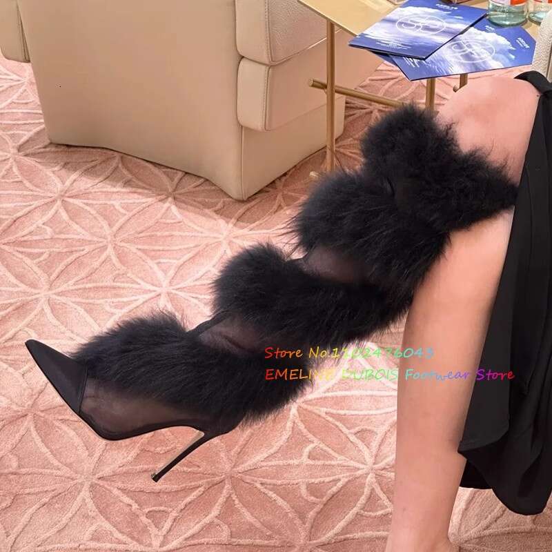 Women's Black Mesh Shearg Knee High Boots Pointed Toe Sexy Spicy Fur Wrapped Stiletto Heel Solid Color Long Boot
