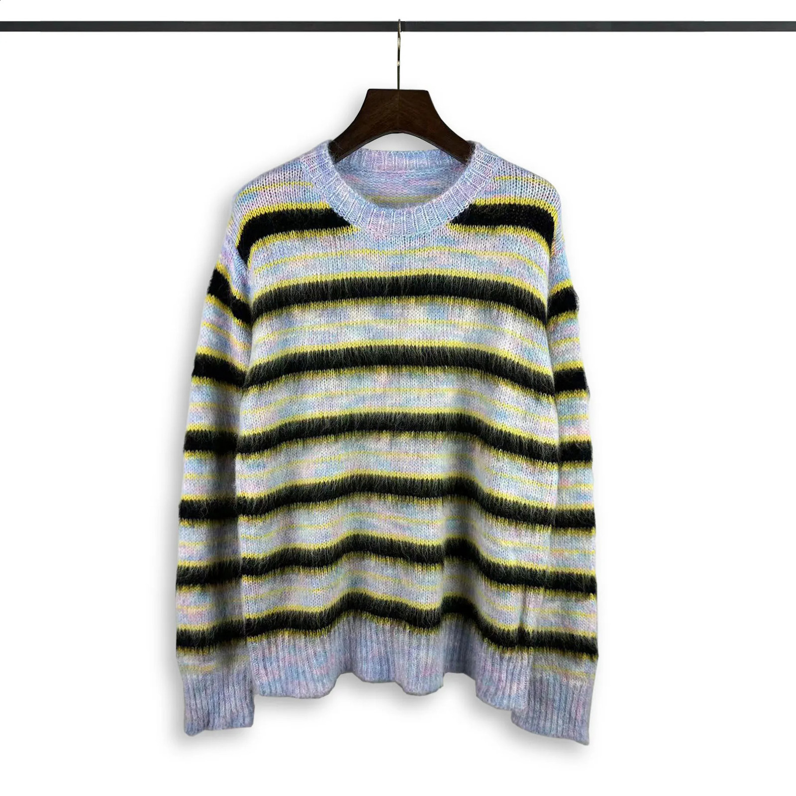 Korean fashion striped patch work Mohair knitted sweater retro mens oversized knitted sweater Y2k Harajuku womens round neck sweater 240924