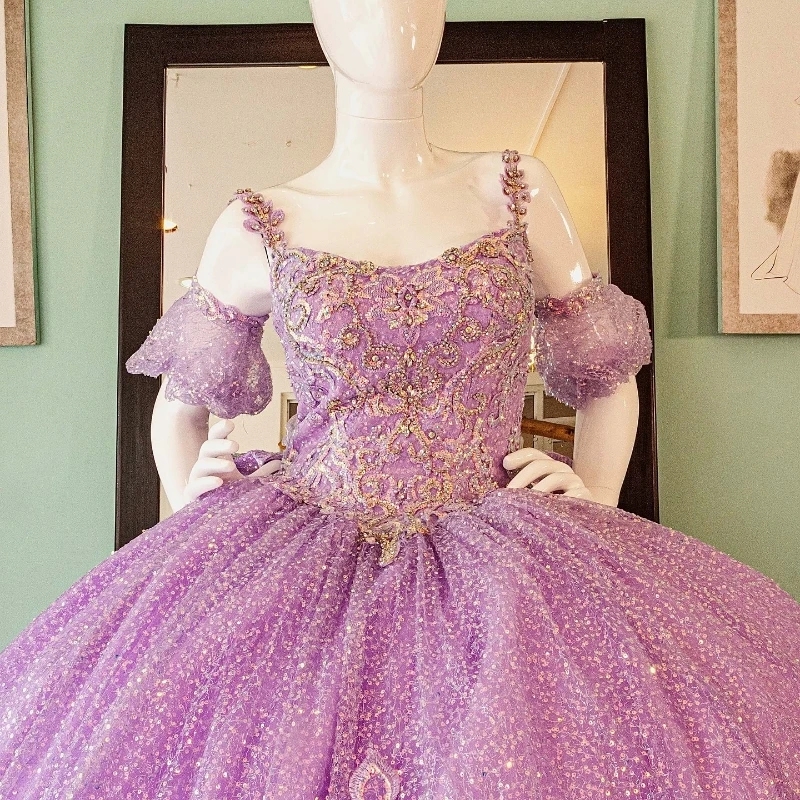 Lavender Shiny Quinceanera Dresses Luxury Applique Lace Beading Bow Ball Gown Princess Prom Party Sweet 16 Vestidos De 15 Anos