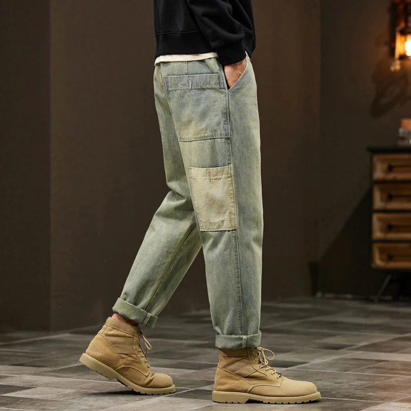 Mens loose fitting retro blue spring wide leg denim jeans mens fashionable side pocket mens pocket pants 240926