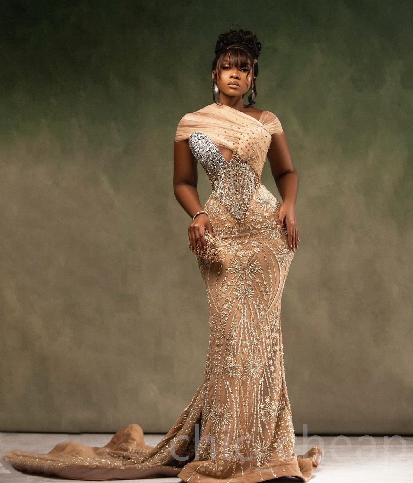 Aso Ebi 2024 Champagne Illusion Mermaid Prom Dresses Rhinestones Sequined Lace Evening Formal Party Second Reception Birthday Gowns Dress For Special 