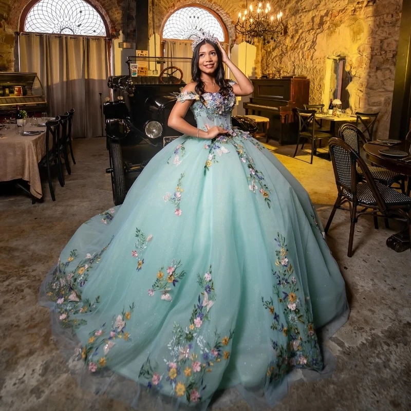 Mint Green Sparkle Princess Quinceanera Dresses Off The Shoulder Appliqued Bow Tull Vestidos De 15 Quinceanera Off Shoulder Sweet 16 Dress