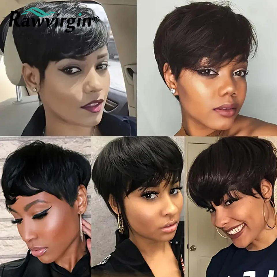 Human hair non-lace full Glueless Preplucked 100% Really Human Hair Wigs Black Colored Pixie Cut short Wig for African American Women Naturally Ready 