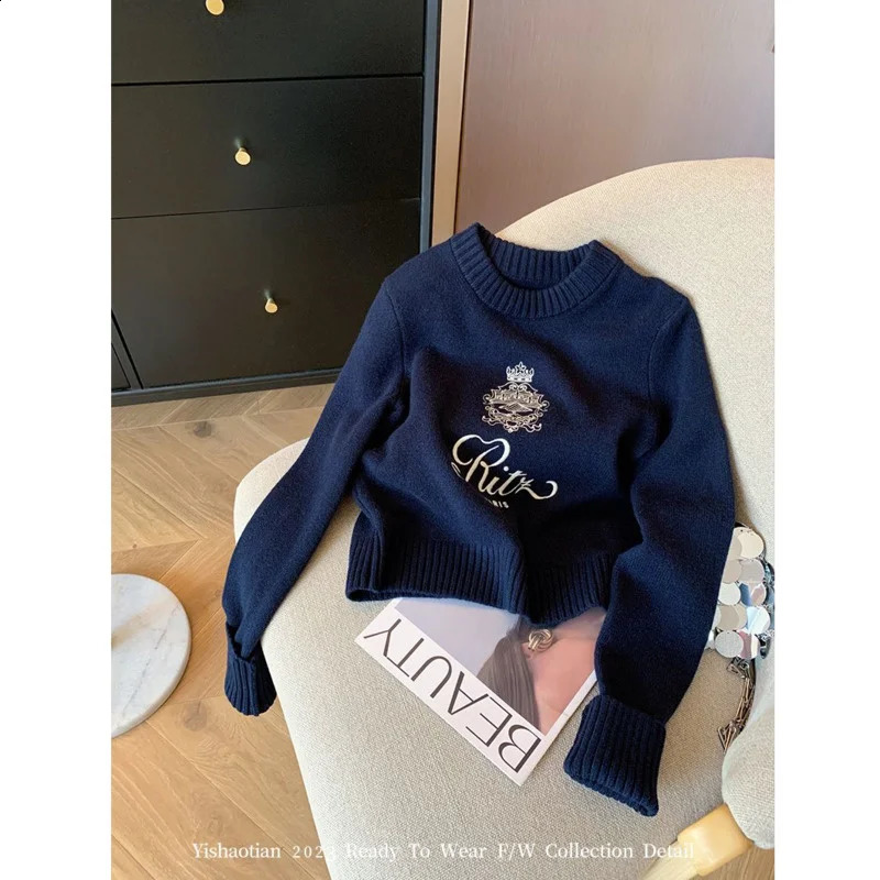 Letters Embroidery Pullover Sweater SpringSummer Womens Round Neck Long Sleeve Knitted Jumper Casual n Top 240929