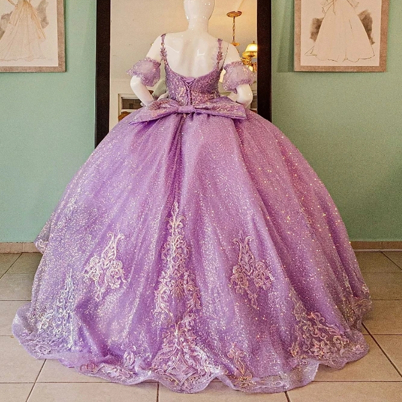 Lavender Shiny Quinceanera Dresses Luxury Applique Lace Beading Bow Ball Gown Princess Prom Party Sweet 16 Vestidos De 15 Anos